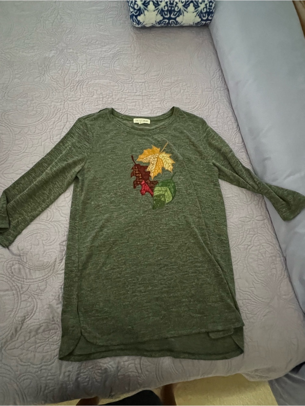 Green Long Sleeve Tunic with Autumn Leaf Embroidery